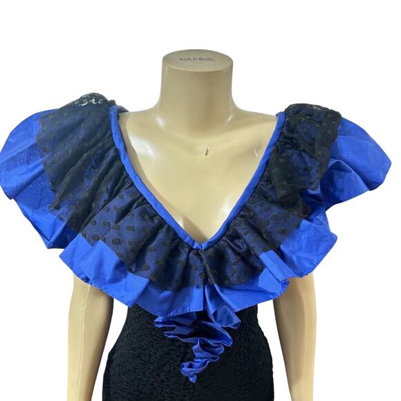 Vintage 80s Glam Cocktail Prom Dress Womens Small Black Blue Short Bow Ruffle - Picture 6 of 12